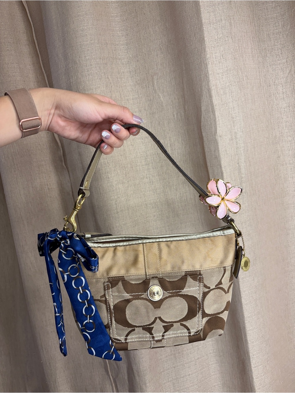 Coach Signature Mini Shoulder Bag with Pink Flower Charm and Blue Scarf